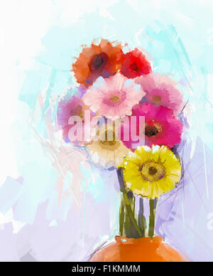 Ölgemälde Gerbera Blume. Stillleben mit gelben und roten Gerbera Strauß Blumen in orange Farbe vase Stockfoto