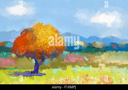 Ölgemälde bunte Landschaft im ländlichen Raum. Hand Farbe Felder von Blumen mit blauem Himmel. Sommer Saison Hintergrund. Moderne Impressionismus Stockfoto