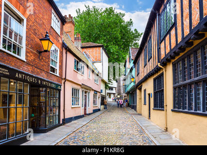 Historic Elm Hill in der alten Stadt, Norwich, Norfolk, England, UK Stockfoto