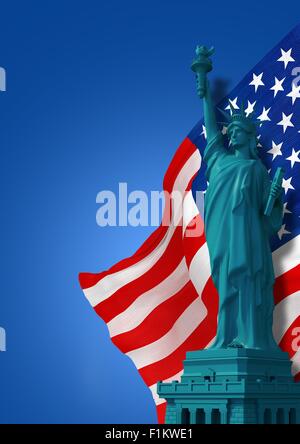 Wahrhaft amerikanische Symbole. Blauer amerikanischen Hintergrund mit Flagge der Vereinigten Staaten von Amerika und der Freiheitsstatue. Vertikale Bauweise. Stockfoto