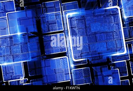 Circuit Technology Bars. Abstrakte kühle blaue 3D-Technologie Illustration mit Platine. Stockfoto
