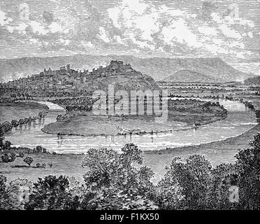 Blick auf Stirling aus dem 19. Jahrhundert, eine Stadt im Zentrum Schottlands. Die Marktstadt, umgeben von reichem Ackerland, wuchs auf und verband die königliche Zitadelle, die mittelalterliche Altstadt mit ihren Kaufleuten und Handwerkern. Die alte Brücke und der Hafen am Fluss Forth machten sie strategisch wichtig als das "Tor zu den Highlands". Stockfoto