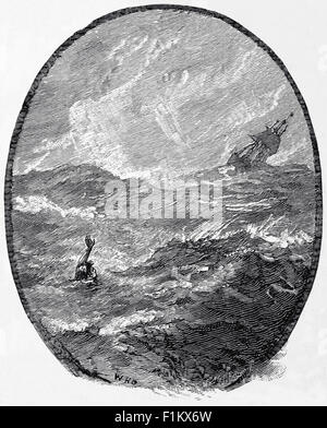 19. Jahrhundert Drama auf See mit einem Mann über Bord aus Ein Segelschiff bei einem Sturm im Atlantik Stockfoto