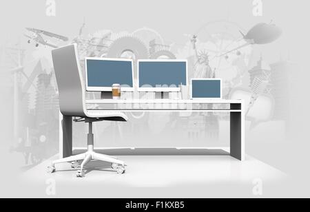 Welt der Grafik-Design 3D Concept Illustration mit Designer-Schreibtisch. Stockfoto