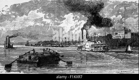 Eine Ansicht des 19. Jahrhunderts von einem Raddampfer und einer Barge auf dem Mississippi Fluss, während er durch Baton Rouge fließt, die Hauptstadt des US-Bundesstaates Louisiana. Seine historische Bedeutung verdankt es seinem strategischen Standort auf der Istrouma Bluff, der ersten natürlichen Klippe flussaufwärts vom Mississippi-Flussdelta am Golf von Mexiko, die zusammen mit einem Deichsystem die Entwicklung eines Geschäftsviertels ermöglichte, das vor saisonalen Überschwemmungen sicher war. Stockfoto