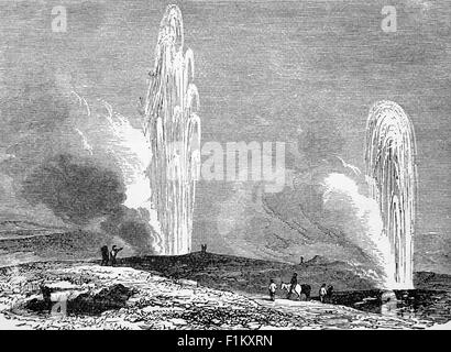 Eine Illustration des Großen Geysir aus dem 19. Jahrhundert im Südwesten Islands. Es liegt im Haukadalur Tal an den Hängen des Laugarfjall Hügels und seine Eruptionen können kochendes Wasser bis zu 70 Meter (230 ft) in die Luft schleudern. Allerdings können Ausbrüche selten sein, und haben in der Vergangenheit insgesamt für Jahre zu einer Zeit gestoppt. Stockfoto