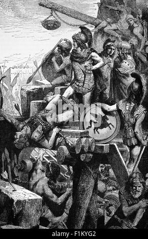 Die Belagerung von Tyrus war orchestriert von Alexander der große 332 v. Chr. bei seinen Feldzügen gegen die Perser Achaemenid-Reich. Die mazedonische Armee konnte die Stadt, die Küste Stützpunkt am Mittelmeer, mit herkömmlichen Mitteln war, weil es auf einer Insel und Mauern rechts bis zum Meer hatte zu erfassen. Stockfoto