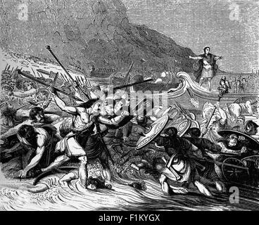 Die Invasion von Großbritannien durch Julius Caesar in 55 BC traf mit heftiger Opposition. Er versuchte, bei Dover zu landen, wo die auf den überblickenden Hügeln versammelten Kräfte der Briten ihn von der Landung abschreckten. Dann segelte er nach Walmer und/oder Pegwell Bay auf der Isle of Thanet, Kent. Von britischen Kavallerie und Streitwagen verfolgt, wurde die Landung entgegengesetzt, aber die Briten wurden schließlich zurückgefahren und die Römer schafften es, zu landen und sie zu vertreiben. Stockfoto