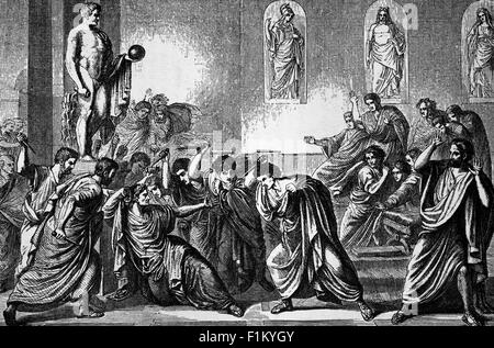 Die Ermordung von Julius Caesar durch eine Verschwörung durch eine Gruppe von römischen Senatoren genannt die Liberatoren, während einer Sitzung des Senats im Theater von Pompey in Rom auf den Ides März (15. März) 44 v. Chr., Rom, Italien. Die Senatoren fürchteten, dass Caesars beispiellose Machtkonzentration während seiner Diktatur die römische Republik untergrub, mindestens 60 Senatoren waren an der Verschwörung beteiligt, angeführt von Marcus Brutus, Gaius Cassius und Decimus Brutus. Stockfoto