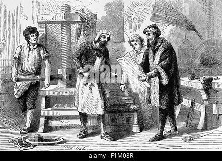 Drucker, die 1456 die Gutenberg-Presse zur Herstellung der berühmten 42-zeiligen Bibel verwendeten, das erste Buch, das im Westen auf einer beweglichen Druckmaschine gedruckt wurde. Zwanzig Jahre zuvor begann Johaness Gutenberg, ein deutscher Goldschmied, eine Maschine zu entwerfen, die in der Lage ist, Textseiten mit unglaublicher Geschwindigkeit zu produzieren. Bis 1440 hatte Gutenberg die Grundlagen seiner Druckmaschine einschließlich der Verwendung eines mobilen, wiederverwendbaren Typensatzes etabliert und innerhalb von zehn Jahren einen funktionierenden Prototypen der Druckmaschine gebaut. Stockfoto