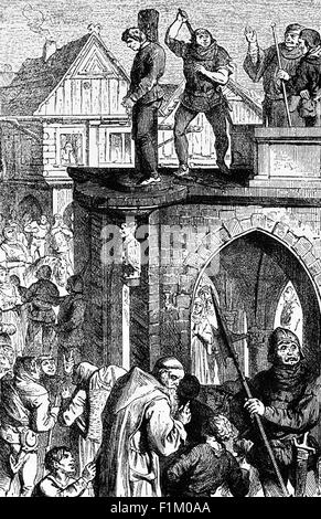 Der Pranger - eine mittelalterliche Sitte - war eine Vorrichtung gemacht aus Holz oder Metall Rahmen errichtet auf einem Pfosten, mit Löchern für die Sicherung von Kopf und Händen, zur Strafe durch öffentliche Demütigung. Stockfoto