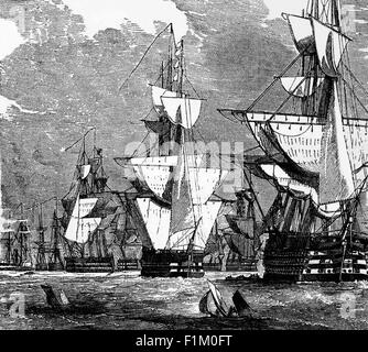 Eine Linie britischer 'Schiffe der Linie', eine Art Marinekriegschiff im Jahr 1854. Sie wurden während des Age of Sail gebaut und wurden für die Marinetaktik entworfen, die als Kampflinie bekannt ist, in der zwei Säulen gegnerischer Kriegsschiffe mit den Kanonen entlang ihrer Breitseiten zu einem Volleyball-Feuer manövrieren. In Konflikten, in denen gegnerische Schiffe beide von ihren Breitseiten feuern konnten, hatte der Gegner mit mehr Kanonen und Feuerkraft einen Vorteil. Stockfoto
