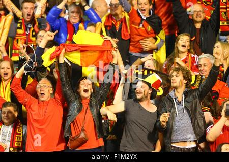 Brüssel, Belgien. 3. Sep 2015. Unterstützer von Belgien jubeln für das Ziel des Teams während der Euro 2016-Qualifikationsspiel zwischen Belgien und Bosnien und Herzegowina in Brüssel, Belgien, 3. September 2015. Belgien 3: 1 gewonnen. Bildnachweis: Gong Bing/Xinhua/Alamy Live-Nachrichten Stockfoto