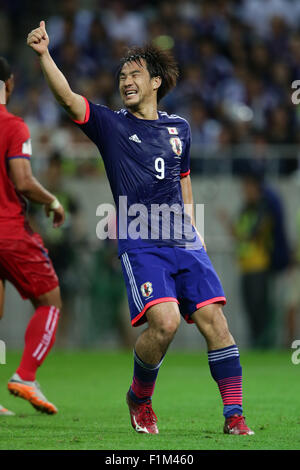 Saitama, Japan. 3. Sep 2015. Shinji Okazaki (JPN) Fußball: Shinji Okazaki für Japan reagiert während des FIFA World Cup Russland 2018 asiatischen Qualifier zweite Runde Gruppe E-Spiels zwischen Japan 3-0 Kambodscha im Saitama Stadium 2002 in Saitama, Japan. Bildnachweis: AFLO/Alamy Live-Nachrichten Stockfoto