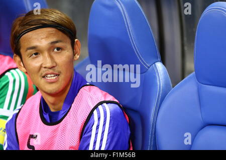 Saitama, Japan. 3. Sep 2015. Takashi Usami (JPN) Fußball: Takashi Usami Japans sitzt auf der Bank vor der FIFA World Cup Russland 2018 asiatische Qualifikation zweite Runde Gruppe E match zwischen Japan 3-0 Kambodscha im Saitama Stadium 2002 in Saitama, Japan. Bildnachweis: Kenzaburo Matsuoka/AFLO/Alamy Live-Nachrichten Stockfoto