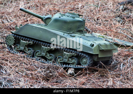 eine horizontale Ansicht eines Radiocontrol-Tanks in einem Wald Stockfoto