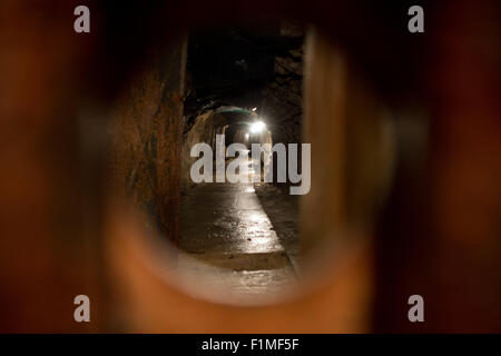 Ein Blick auf den Eingangsbereich mit Blick auf einen beleuchteten Tunnel unter Fuerstenstein Palast (Fürstenstein), die in die Ferne in Walbrzych, Polen, 3. September 2015 führt. Das Tunnelsystem ist derzeit vom Geophysikalischen Institut der polnischen Akademie der Wissenschaften um zu Forschungszwecken eingesetzt. Das Tunnelsystem beläuft sich auf eine Länge von 2 Kilometern und wurde von KZ-Häftlingen unter großer Geheimhaltung während des zweiten Weltkrieges gebaut. Der Zweck der Installation zielte dienen als Kommandozentrale und befristete Aufenthaltserlaubnis für hochrangige Wehrmacht und SS-Beamten und ihre Full- Stockfoto