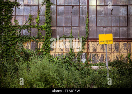 Äußere verlassen der alten Industriegebäude mit Fenstern und Unkraut überwuchert Stockfoto