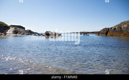 Zwei Personen in Kanus / Kajaks paddeln rund um die Bucht bei Porth Ysgaden, Tudweiliog, Llyn Halbinsel, Nord Wales Stockfoto