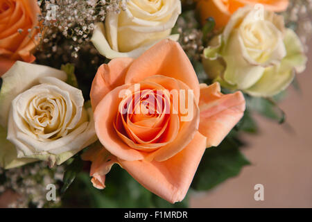 Eine Eröffnung Orange stieg in einen Strauß Rosen mit einem unscharfen Hintergrund. Stockfoto