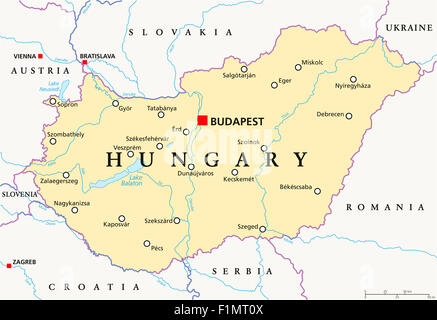 Ungarn Landkarte mit Hauptstadt Budapest, Landesgrenzen, wichtige Städte, Flüsse und Seen. Englische Beschriftung und Skalierung. Stockfoto