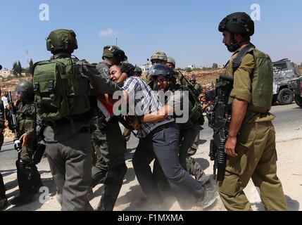 Nabi Saleh, Westjordanland, Palästinensische Gebiete. 4. Sep, 2015. Israelischen Grenzpolizisten verhaften einen palästinensischen Demonstranten während einer Protestaktion gegen die jüdischen Siedlungen im Westjordanland-Dorf von Nabi Saleh, in der Nähe von Ramallah. © Shadi Hatem/APA-Images/ZUMA Draht/Alamy Live News Stockfoto