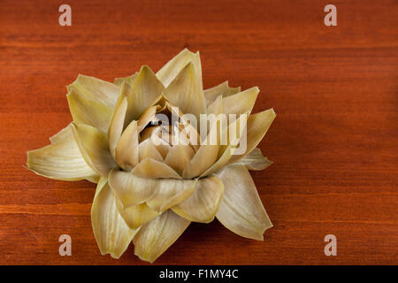 Eine Nahaufnahme von einer Artischocke, die gedämpft worden und gefalteten offen wie eine Blume auf einem Holztisch sitzend. Stockfoto