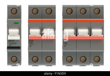 Satz von automatischen Strom Schalter isoliert auf weißem Hintergrund Stockfoto