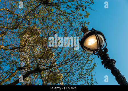 Eine Lampe am Südufer neben einem Baum, das London Eye ist schwach durch die Blätter ersichtlich Stockfoto