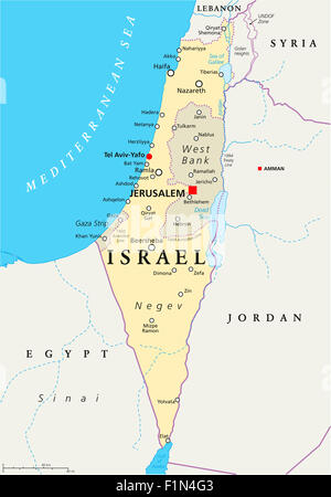 Israels politische Karte mit Hauptstadt Jerusalem, Landesgrenzen, wichtige Städte, Flüsse und Seen. Englische Beschriftung und Skalierung. Stockfoto