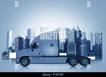 LKW und die Skyline der Stadt in blauen Farbtönen. LKW-Concept Illustration. Stockfoto