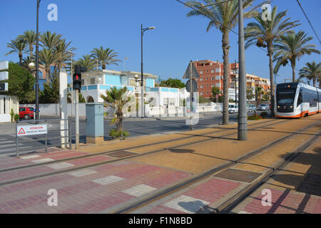 Straßenbahn nähert sich dem Fußgängerüberweg in Campello, unterwegs in Richtung San Juan und der Stadt Alicante, Spanien Stockfoto