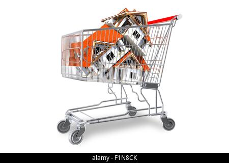 Immobilien-Markt-Konzept mit Häusern im Warenkorb, Isolated on White Background. Häuser in Shopping Cart 3D Abbildung. Stockfoto