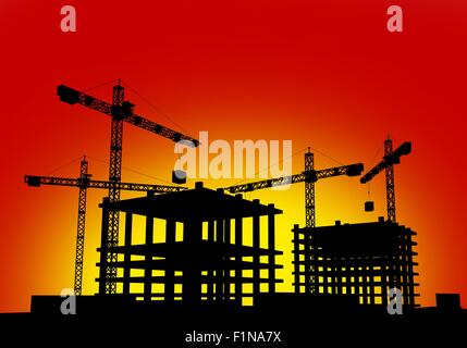 Baustelle im Sonnenuntergang einfach Hintergrund Illustration. Hochbau mit Kränen Silhouette Stockfoto