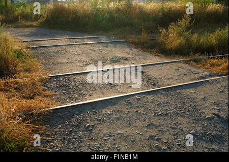 glänzende Eisenbahn auf der staubigen Landstraße Stockfoto