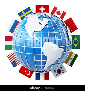 Internationale Länderflaggen auf dem Globus isoliert auf weißem Hintergrund Stockfoto