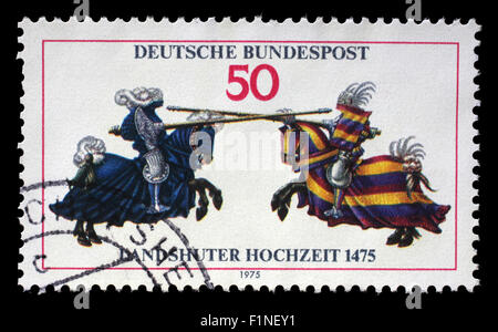 Stempel, gedruckt in der Deutschland zeigt Joust, von Ritterspielen Buch von Wilhelm IV., ca. 1975 Stockfoto