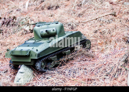 eine horizontale Ansicht eines Radiocontrol-Tanks in einem Wald Stockfoto