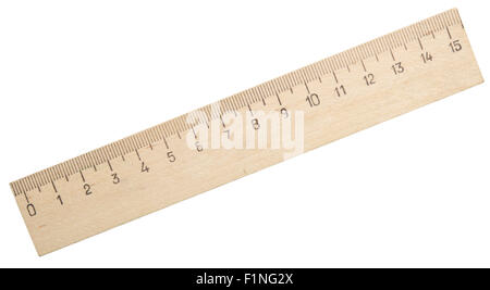 Holzlineal isoliert auf weißem Hintergrund Stockfoto