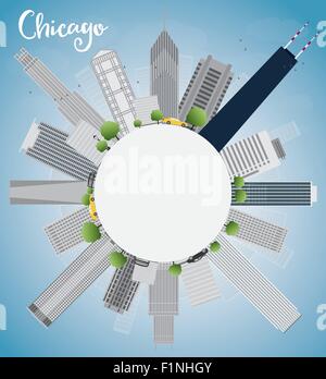 Chicago Skyline mit grauer Wolkenkratzer, blauer Himmel und Kopieren. Vector Illustration Stock Vektor