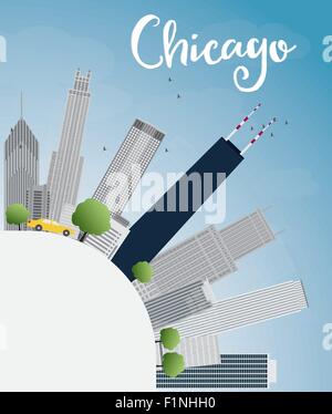 Chicago Skyline mit grauer Wolkenkratzer, blauer Himmel und Kopieren. Vector Illustration Stock Vektor