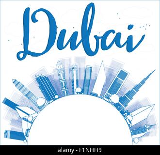 Übersicht Dubai City Skyline mit blauen Wolkenkratzer und Textfreiraum. Vektor-illustration Stock Vektor