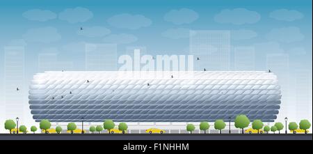 Fußball-Stadion und blauer Himmel. Vorderansicht. Vector Illustration Stock Vektor