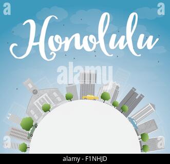 Honolulu Hawaii Skyline mit grauen Gebäude, blauer Himmel und Kopieren. Vector Illustration Stock Vektor