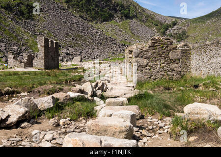 Pfad durch die verlassenen Bergleute Dorf an der Spitze des oberen Sees in Glendalough, County Wicklow, Ireland. Stockfoto