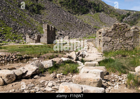 Pfad durch die verlassenen Bergleute Dorf an der Spitze des oberen Sees in Glendalough, County Wicklow, Ireland. Stockfoto