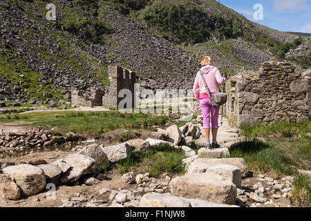 Pfad durch die verlassenen Bergleute Dorf an der Spitze des oberen Sees in Glendalough, County Wicklow, Ireland. Stockfoto