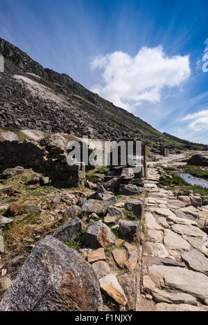 Pfad durch die verlassenen Bergleute Dorf an der Spitze des oberen Sees in Glendalough, County Wicklow, Ireland. Stockfoto