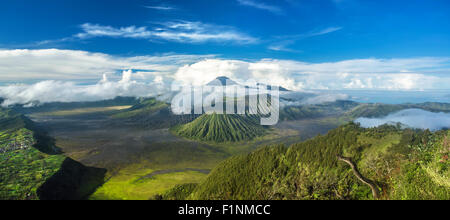 Mount Bromo und Batok Vulkane Panorama im Bromo Tengger Semeru National Park, Ost-Java, Indonesien. Stockfoto