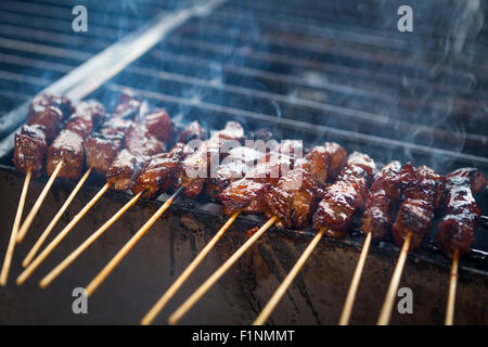 Abenteuerliche Kochen mit Satay Grillen im Freien auf einem Holzkohle Grill mit Rauch ausgelöst Stockfoto